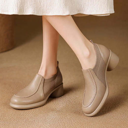 【预售5天】通勤针织弹力深口高跟鞋，粗跟圆头超软羊皮单鞋厚底小皮鞋DPJ&29515 商品图0