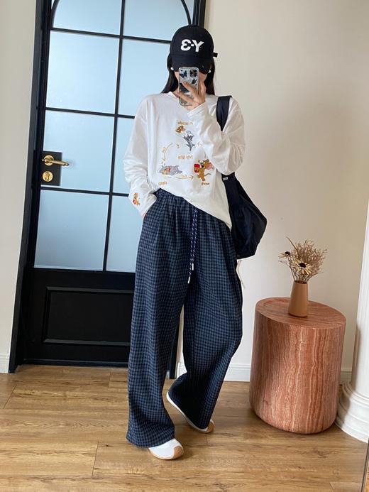 the bar*深蓝细格慵懒风复古休闲阔腿裤 商品图6