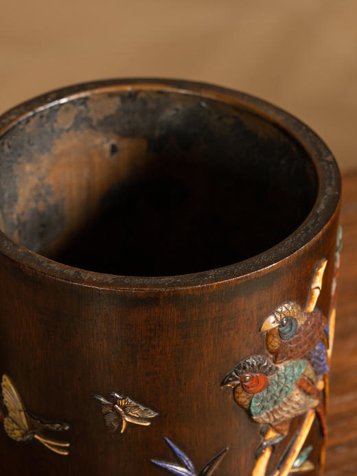 清	竹雕百宝嵌花鸟纹笔筒 商品图3