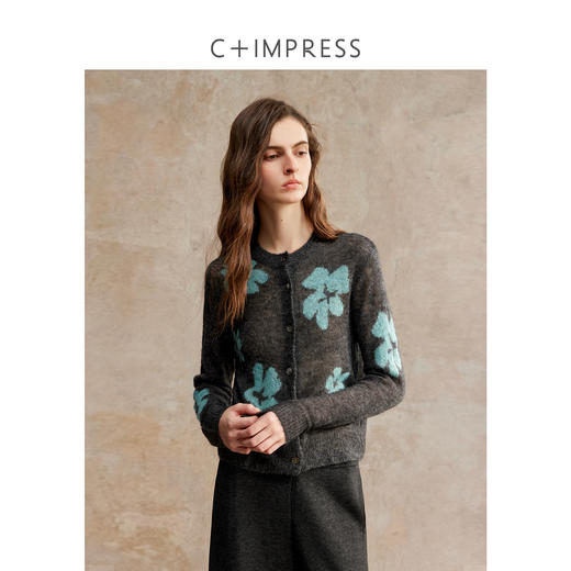 C+IMPRESS/西嘉羊驼毛撞色花朵设计感圆领针织开衫女冬季简约百搭 商品图1