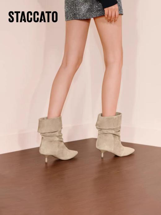 思加图2025新款巴黎之约复古长靴时装靴棕色细跟堆堆靴9S007DS5 商品图1