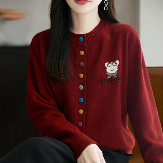 灰色圆领针织开衫，彩色纽扣小狗刺绣宽松显瘦毛衣外套CC-LS- GYL1703 商品图1