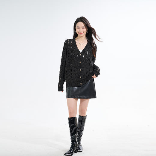 罗蒙秋冬针织衫女士V领粗针镂空设计开衫外套上衣气质优雅长袖外搭毛衣女 商品图5