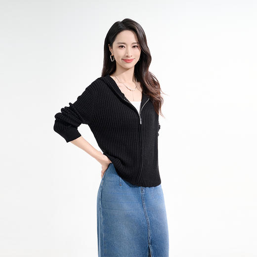 罗蒙秋冬针织衫女士连帽款拉链开衫休闲舒适百搭显瘦毛衣上衣外套女 商品图2