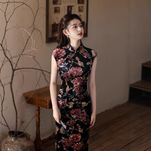 复古港风无袖旗袍，钻石绒印花长款连衣裙MYJ-257 商品图2