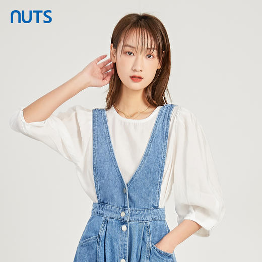 NUTS夏季白色简约休闲百搭宽松圆领中袖套头衬衫女221012062 商品图0