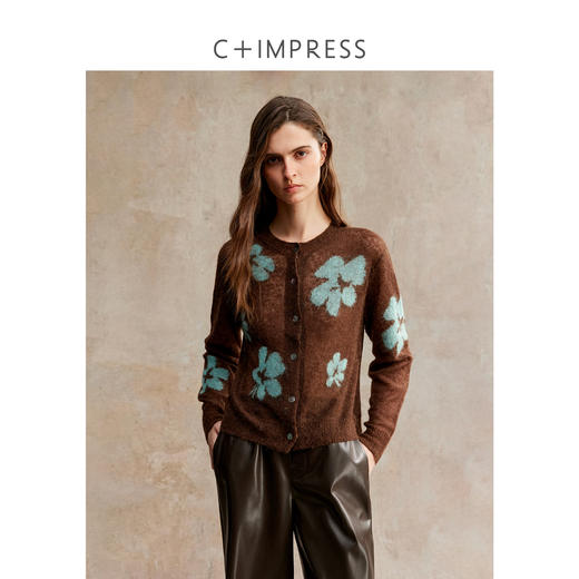 C+IMPRESS/西嘉羊驼毛撞色花朵设计感圆领针织开衫女冬季简约百搭 商品图0