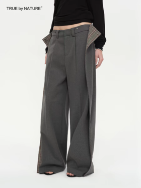 TRUE by NATURE/25SPK03/设计感搭片格纹假两件阔腿休闲裤