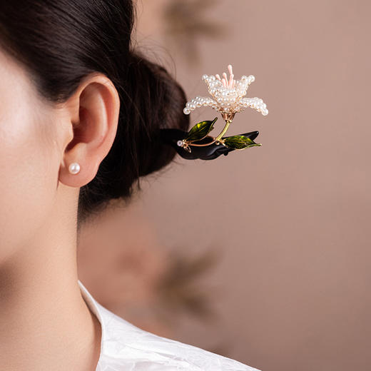 JGL新中式檀木发簪女古风汉服旗袍簪子珍珠花朵发簪双面设计立体发钗 商品图0