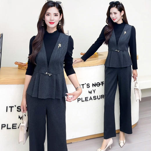 QYM 1C2522 -Y假两件上衣小衫+高腰直筒长裤两件套时尚气质套装 商品图0