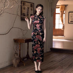 复古港风无袖旗袍，钻石绒印花长款连衣裙MYJ-257