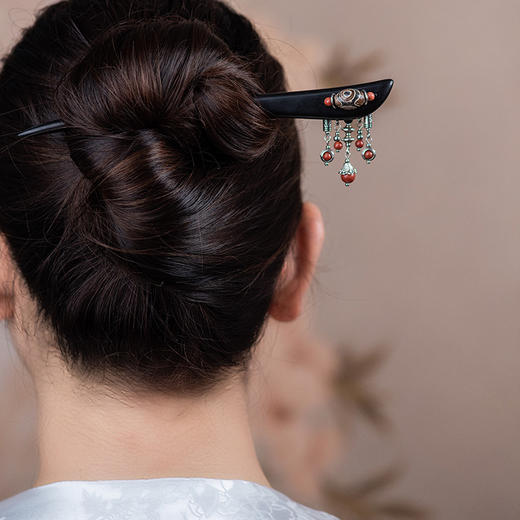 JGL黑檀木天珠玛瑙发簪新中式流苏发簪子古风汉服盘发头饰设计款簪子 商品图2