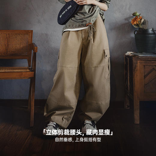 马登美式复古灰咖啡色多口袋宽松阔腿气球休闲弯刀工装裤子女士秋 商品图3