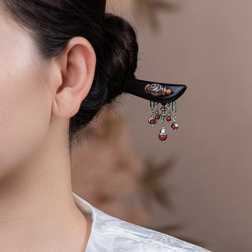 JGL黑檀木天珠玛瑙发簪新中式流苏发簪子古风汉服盘发头饰设计款簪子 商品图1