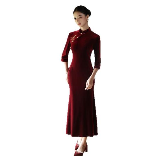 SKY 22822丝绒绣花长款鱼尾旗袍裙时尚改良新中式日常 商品图4