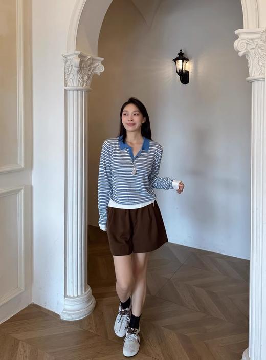 秋日高级感   撞色polo领蓝白条针织衫 商品图3