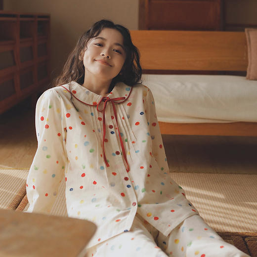 【全棉双层纱】日系甜美睡衣纯色娃娃领纯棉纱布家居服套装全棉少女减龄 商品图3
