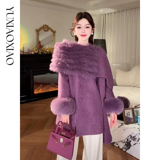 余潇潇【粉黛倾城】羊驼毛绵羊毛肌理感可拆卸狐狸毛披肩袖子大衣 商品图5