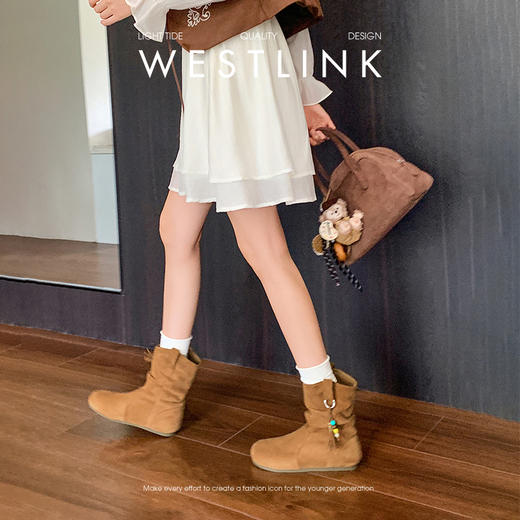 西遇勃肯短靴女新款秋季复古美拉德流苏圆头平底堆堆靴西部靴V1957146 商品图3