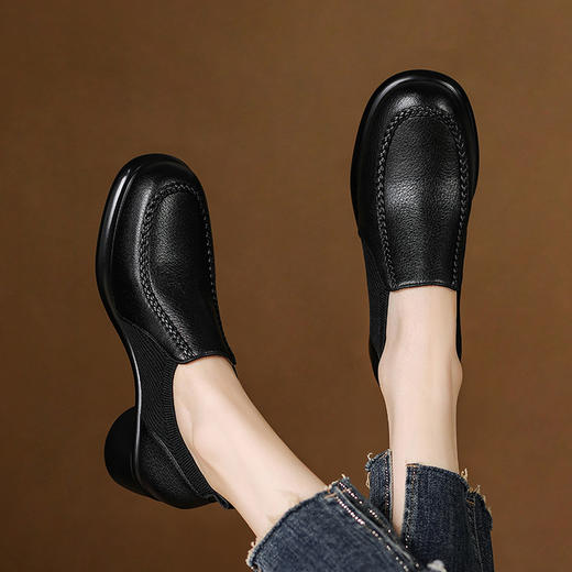 【预售5天】通勤针织弹力深口高跟鞋，粗跟圆头超软羊皮单鞋厚底小皮鞋DPJ&29515 商品图3