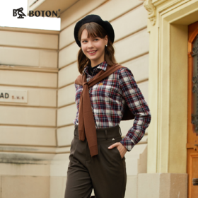 波顿秋冬季长袖女士蓝红色格子衬衫高端美式休闲英伦衬衣LS022324