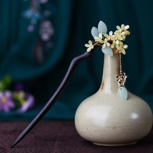 JGL桂花发簪黑檀木头饰盘发丸子头簪子旗袍配饰复古流苏步摇簪子批发 商品图2