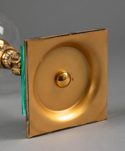 独角鹿西洋古董19世纪法国出品孔雀石底座嵌卷叶纹铜鎏金精雕装饰自然花叶主题蚀刻水晶高脚杯 商品图6