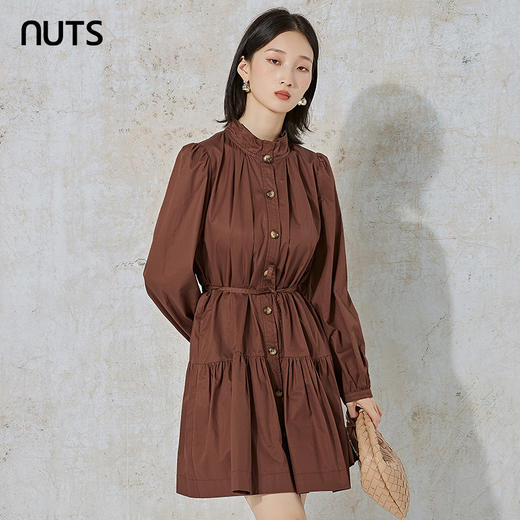 NUTS春秋季纯色设计感气质收腰褶皱A字显瘦长袖连衣裙女231103172B 商品图6