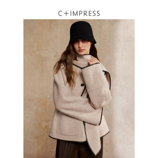 蛋白皮包边羊驼羊毛可脱卸围巾领双面尼外套 商品图0