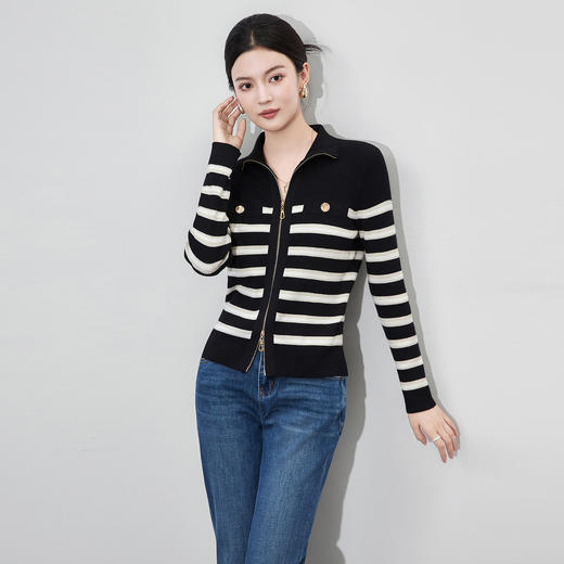 「高货wl」全新升级【铂金会员220/天猫289/差价69】(00635)洛诗琳法式小香风针织衫2025秋冬百搭翻领条纹开衫外套女 商品图2