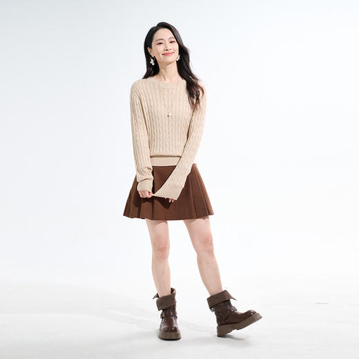 罗蒙针织衫秋冬女士简约复古麻花圆领设计打底衫含绵羊毛舒适上衣毛衣女 商品图5