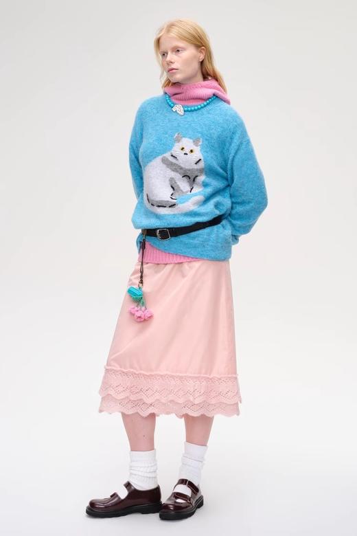 短J同款25秋设计师款羊毛混纺猫咪提花圆领针织毛衣 商品图0