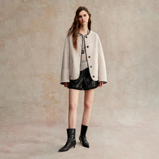 蛋白皮包边羊驼羊毛可脱卸围巾领双面尼外套 商品图2