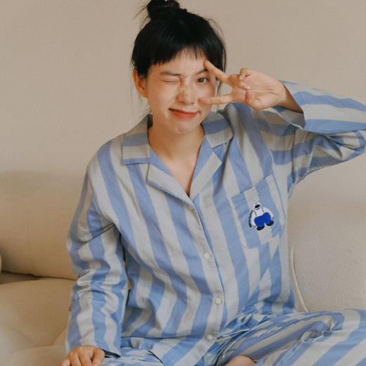 【全棉双层纱】2025秋新款情侣款系列睡衣女春秋季纯棉纱布刺绣条纹野兽家居服男士长袖套装 商品图5