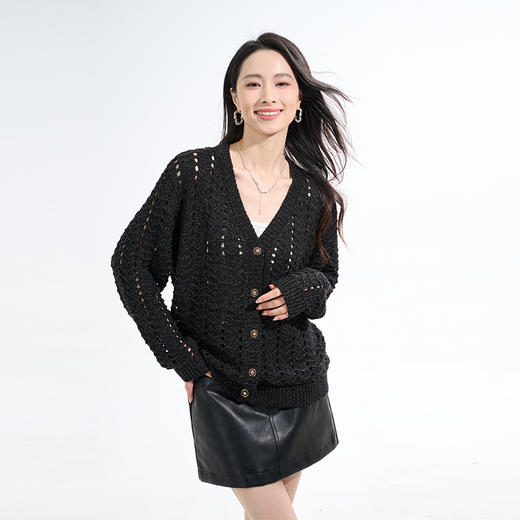 罗蒙秋冬针织衫女士V领粗针镂空设计开衫外套上衣气质优雅长袖外搭毛衣女 商品图2