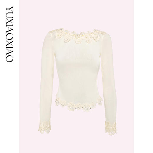 余潇潇【晨曦花环】精致显瘦高级感手工缝珠立体贴花丝绒打底上衣 商品图4