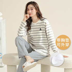 家居服新款长袖睡衣女秋季卡通薄款棉质带胸垫家居服学生睡衣可外穿春秋冬套装