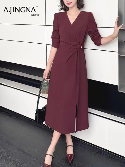 【修身围裹式】阿菁娜秋季新款法式围裹长袖连衣裙 收腰显瘦遮小腹X廓形 通勤约会多场景 F30D212001 商品图1