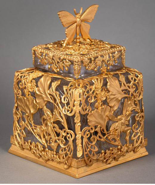 独角鹿西洋古董 19世纪末20世纪初法国出品新艺术风格仙子与花蝶植物主题铜鎏金精雕水晶墨水瓶 商品图2