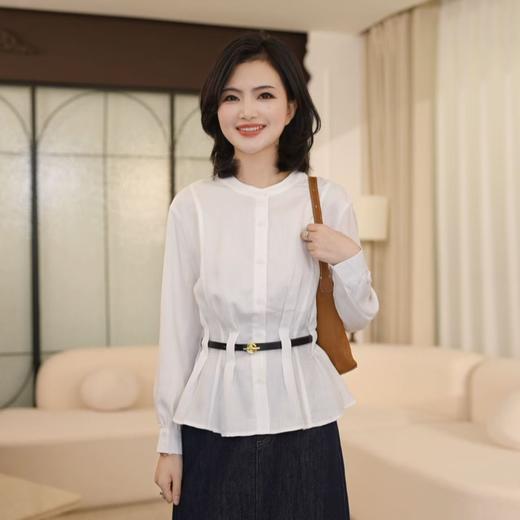 法式圆领收腰压褶长袖衬衫女2025秋季气质减龄独特漂亮衬衣 商品图1