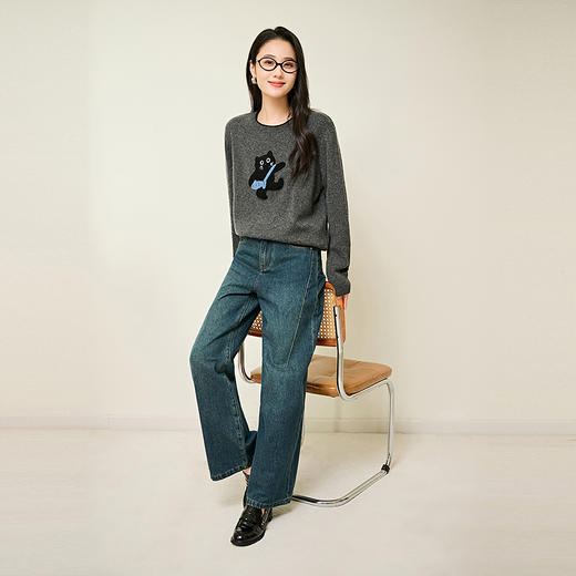 NEELLY纳俪商场同款冬季新款百搭减龄针织衫女设计感小猫印花上衣N25104A04512 商品图3