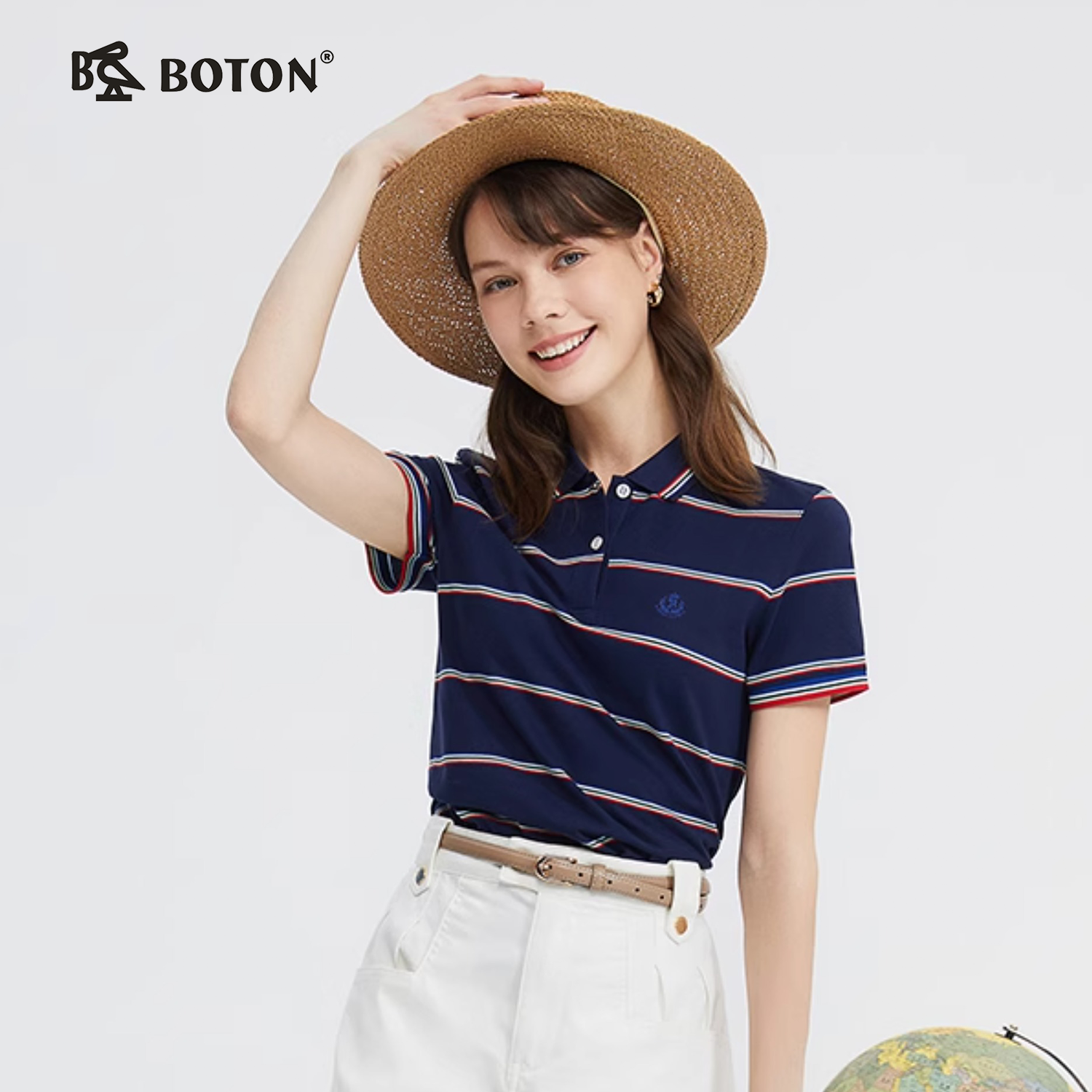 波顿美式彩虹条纹休闲短袖polo衫女夏季纯棉运动百搭t恤上衣LT215220