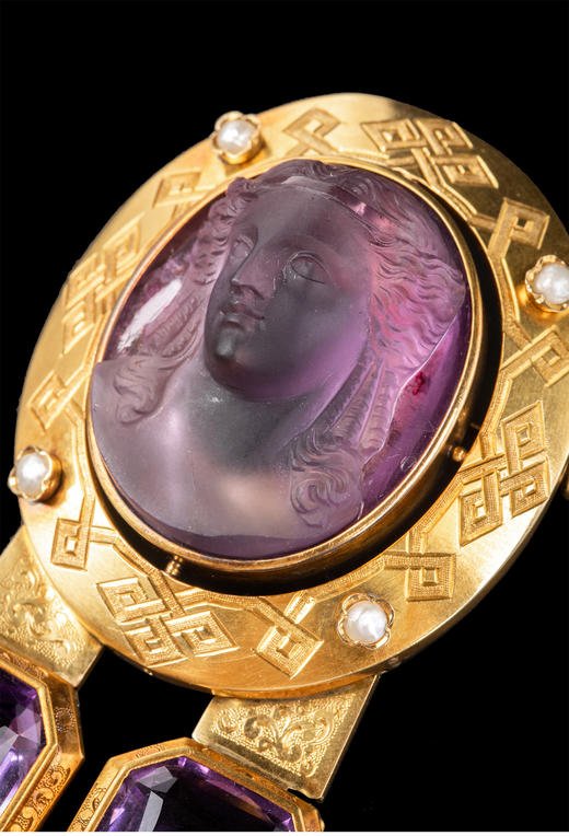 独角鹿西洋古董 19世纪法国拿破仑三世时期出品18K黄金镶嵌紫水晶卡梅奥浮雕珍珠流苏装饰胸针 带原盒 商品图2