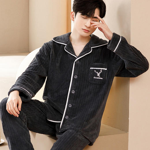 法兰绒睡衣男士秋冬季加厚保暖翻领开衫加厚长袖珊瑚绒家居服冬天睡衣 商品图12