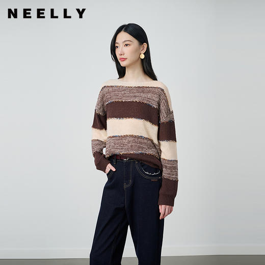 NEELLY纳俪商场同款秋冬新款简约条纹软糯毛衣女时尚撞色针织上衣N25104A05507 商品图0