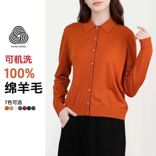 丁摩 100%绵羊毛衫女衬衫领女士精纺羊毛开衫16G春秋针织衫女5ZF-779 商品图0