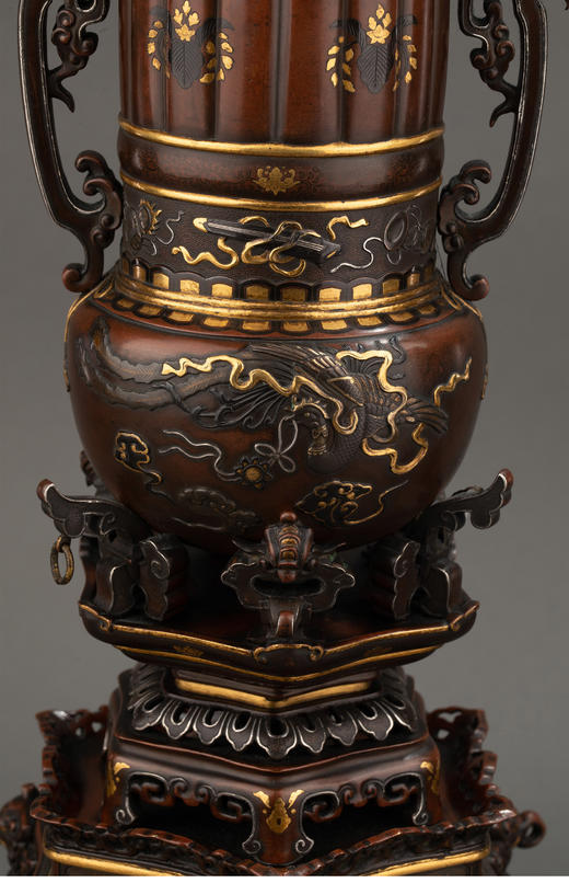 独角鹿西洋古董 1890年代日本高冈铜器名大橋三右衛門出品「古笙」造型金银象嵌赤铜香炉 商品图4