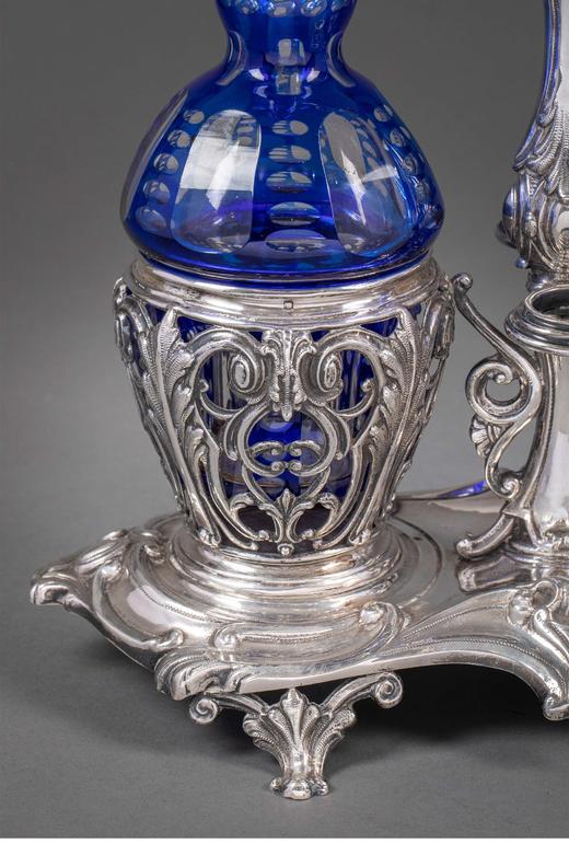 独角鹿西洋古董 1860年代法国出品卷叶花纹纯银精雕镶嵌蓝色水晶调料瓶一对 商品图4