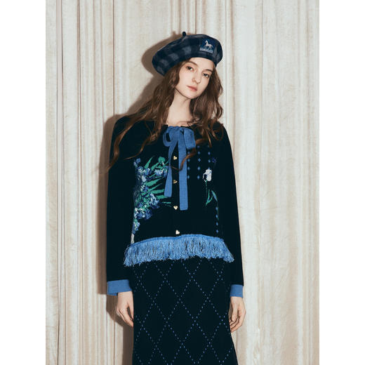 两三事梵高文艺 絮语成诗 2025冬季新款撞色流苏下摆针织半身裙 商品图1