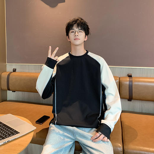 英国轻奢Schenvega 爆款迪桑平纹科技透气撞色拼接落肩长袖T恤卫衣A72-7903 商品图0